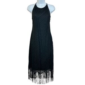 Cache Vintage 90s Black Lace Fringe Trim Midi Dress Size M/L Party Formal